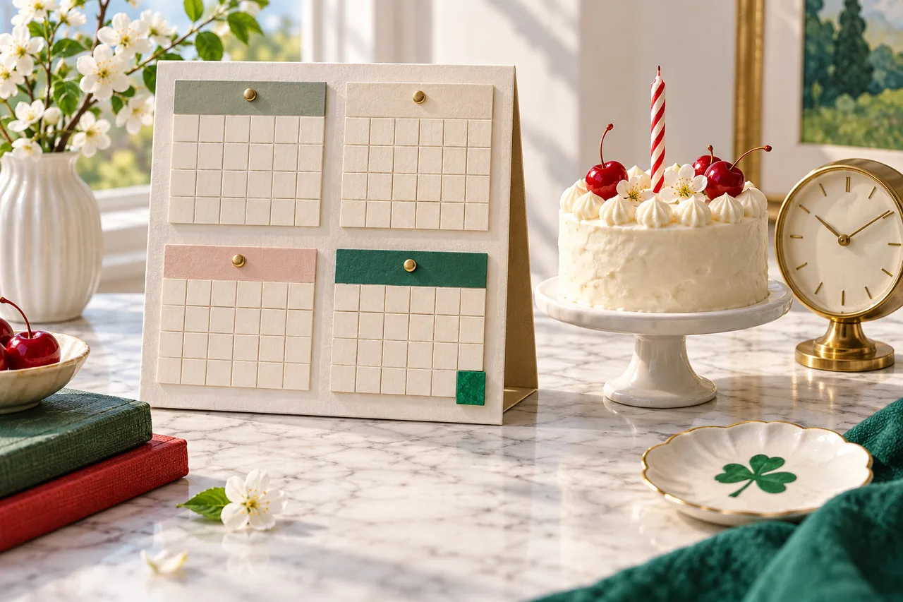An unnumbered conceptual calendar with an extra coloured tile beside a birthday cake and a clock.