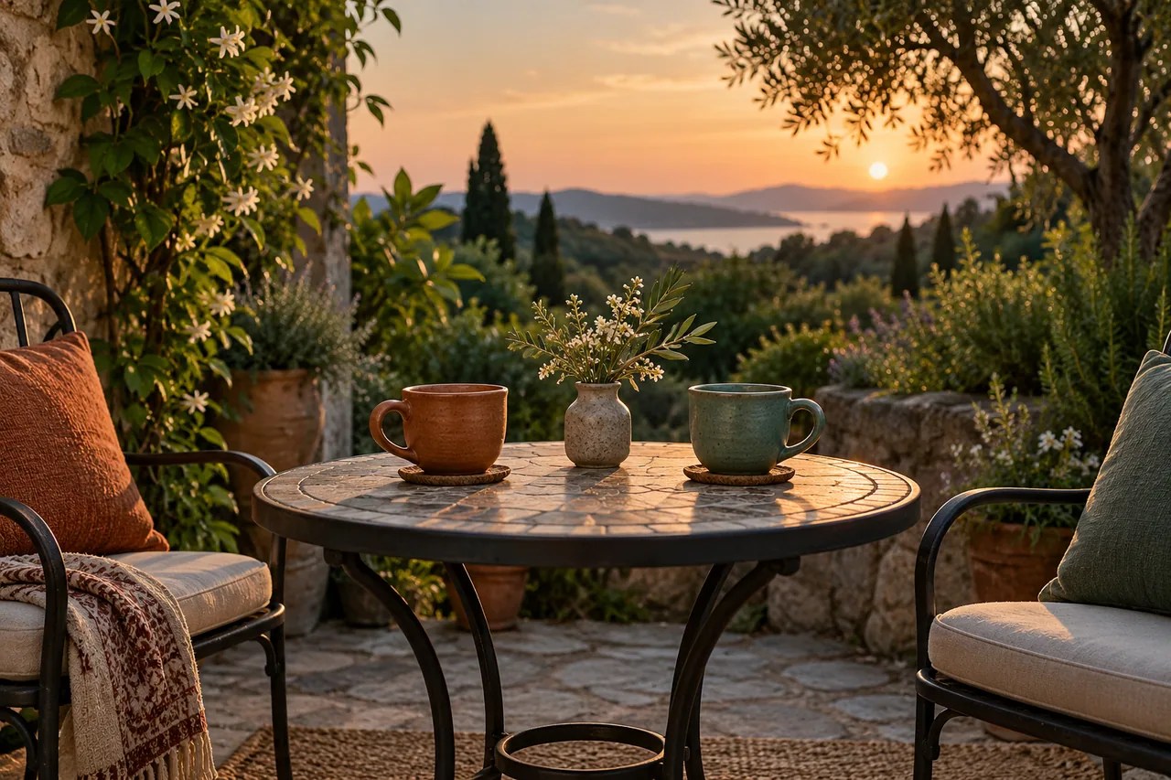 Two different cups across a garden table, suggesting a conversation.