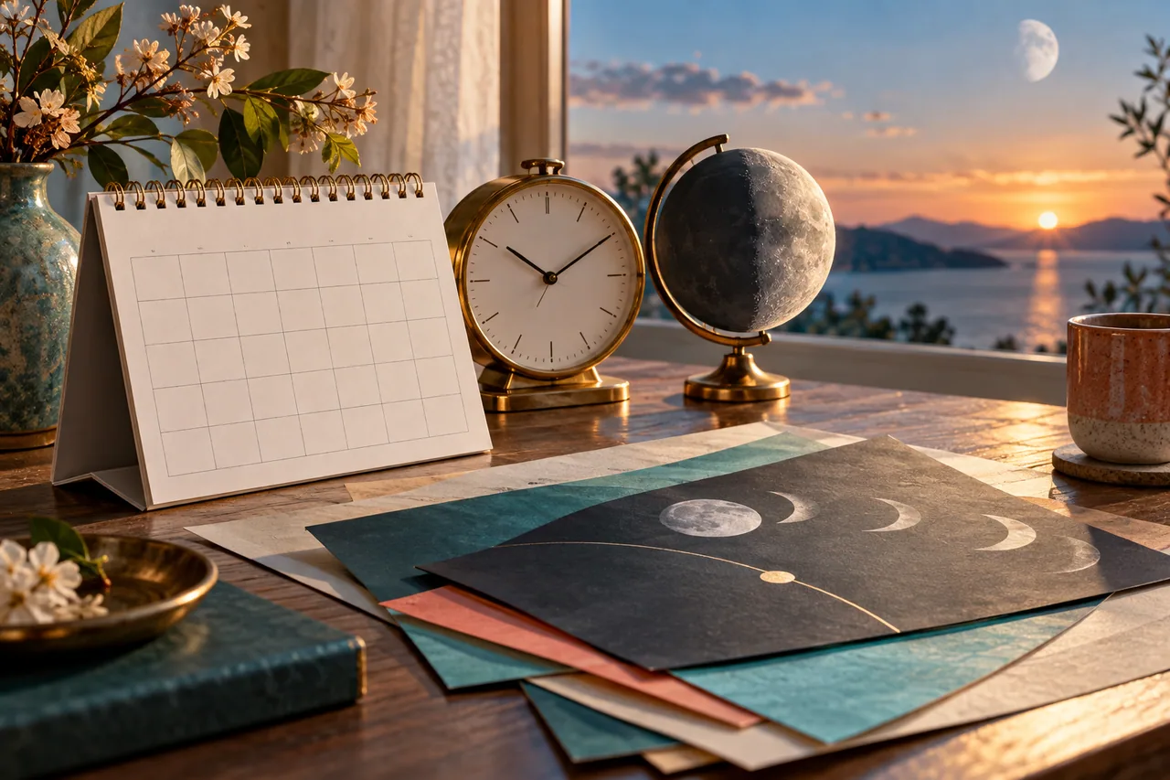 Original editorial illustration for Why a lunar-calendar interval need not start at midnight; symbolic artwork, not a measured personal chart.