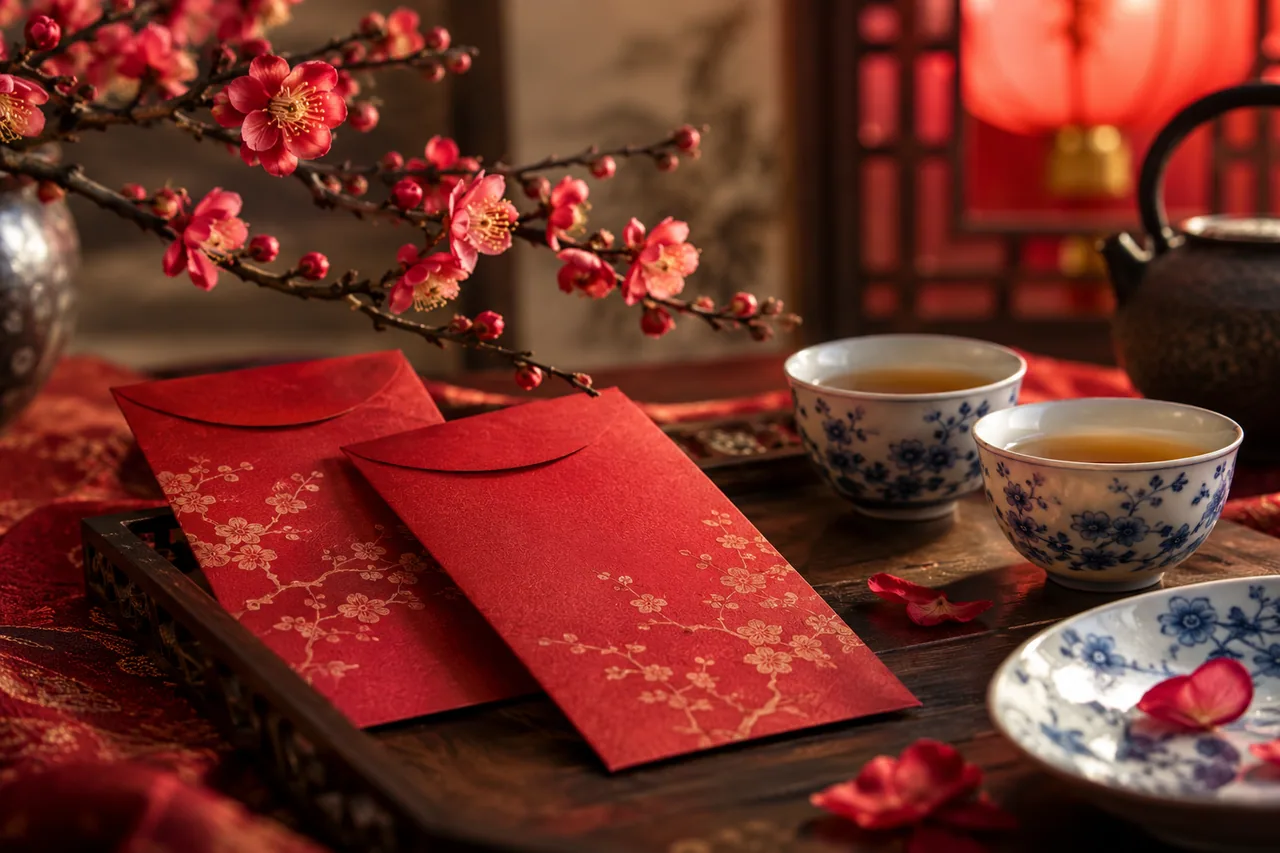 A tasteful still life of two red envelopes without writing.