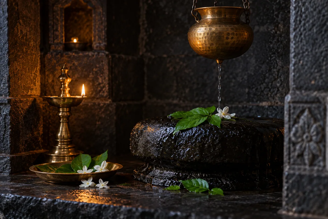 A serene dark stone alcove with a softly lit brass lamp.