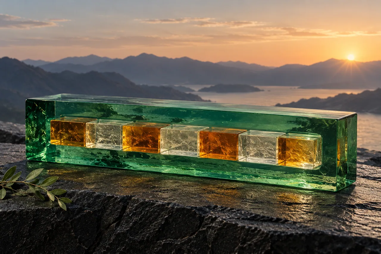 Smaller coloured segments enclosed within one longer glass block.