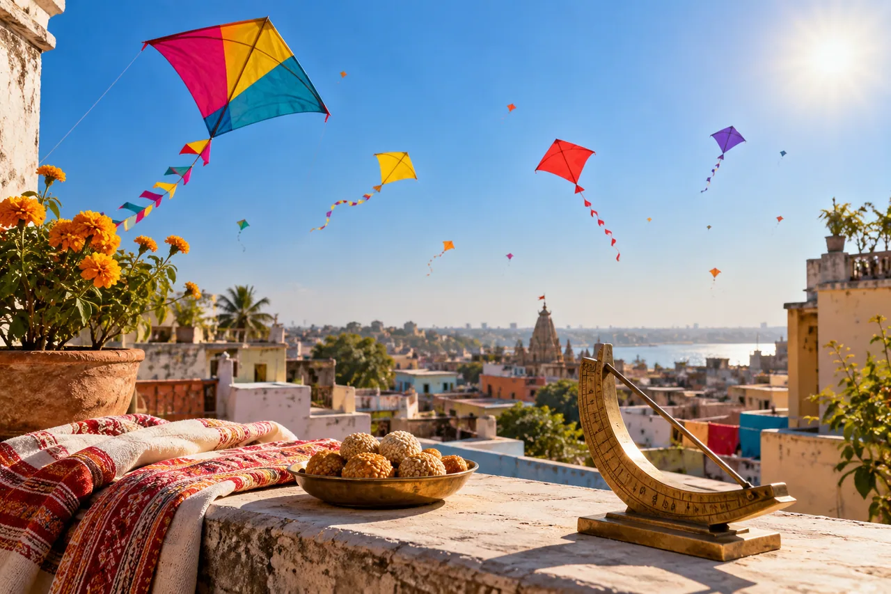 Colourful paper kites hanging in a bright blue sky over a sunlit rooftop.