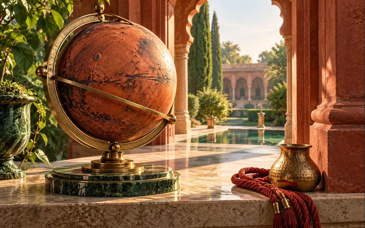 A rust-red Mars globe in a brass support beside a vermilion doorway.