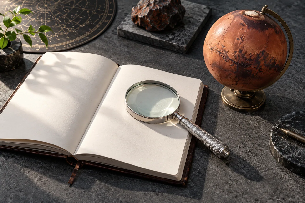 A notebook and magnifying glass beside an illustrative Mars globe.