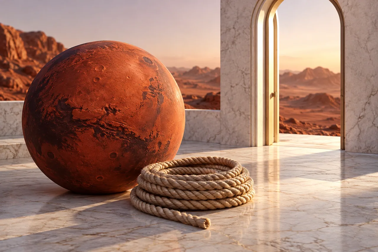 A red rocky Mars globe beside a neatly coiled rope and a clear doorway on cool white stone.