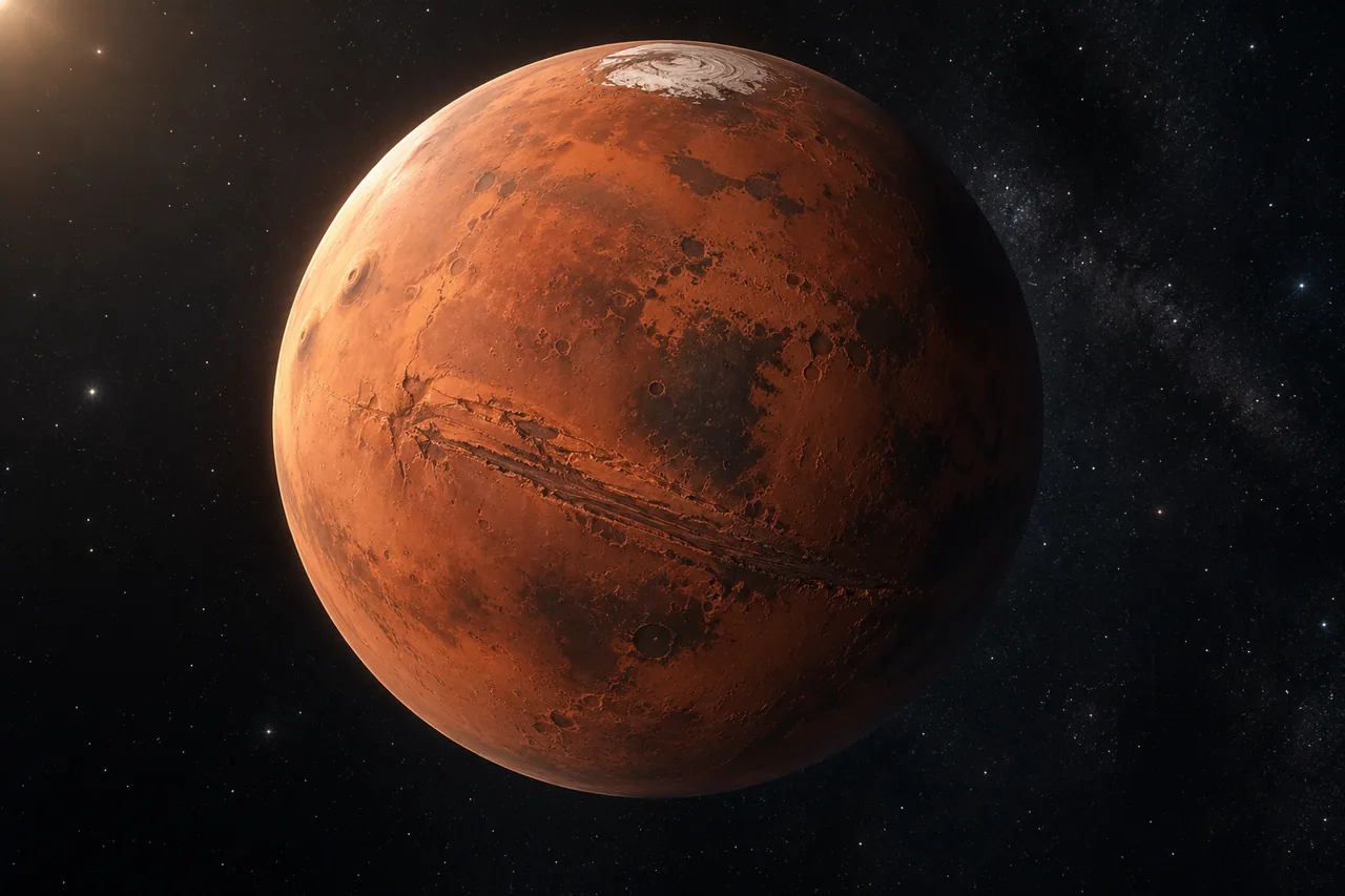 An illustrative portrait of Mars with terrain and a pale polar region.