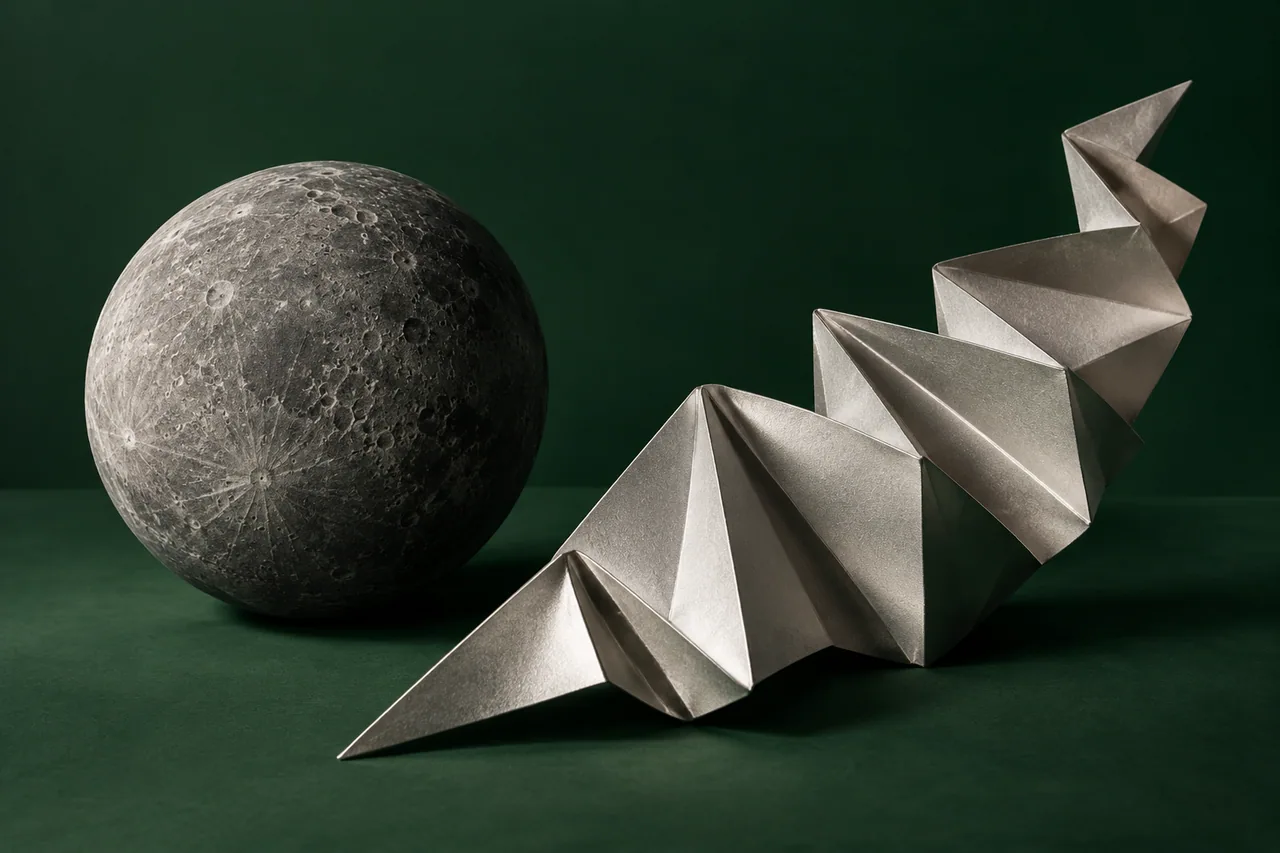 Mercury beside a folded paper sculpture representing communication.