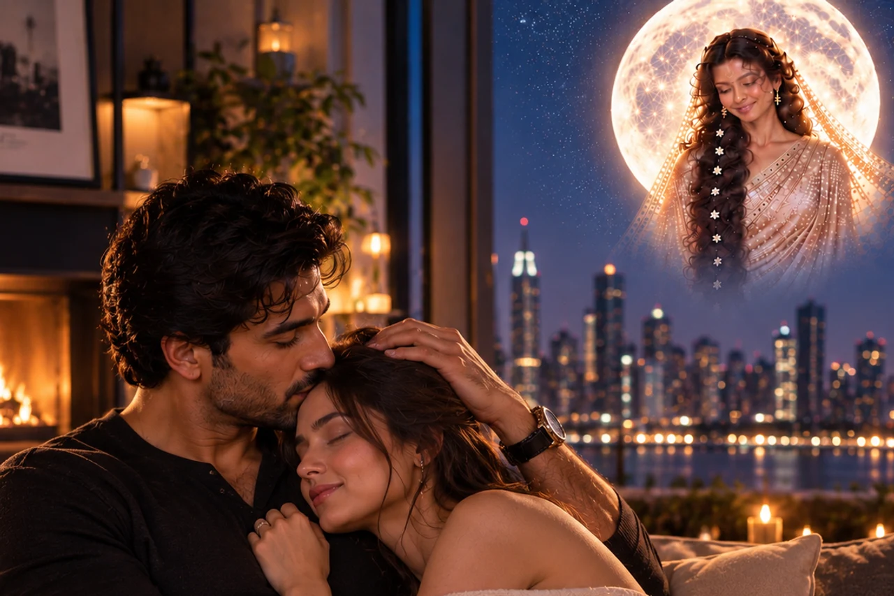 Illustrative adult couple sharing a quiet moment with a symbolic Moon portrait behind them.