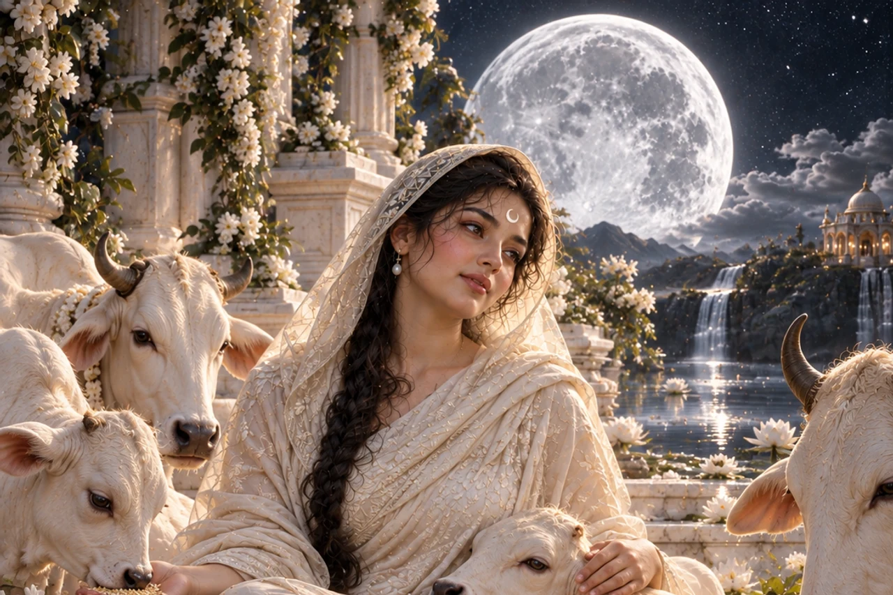 Gentle symbolic Moon figure seated with calm white animals among flowers and lanterns.