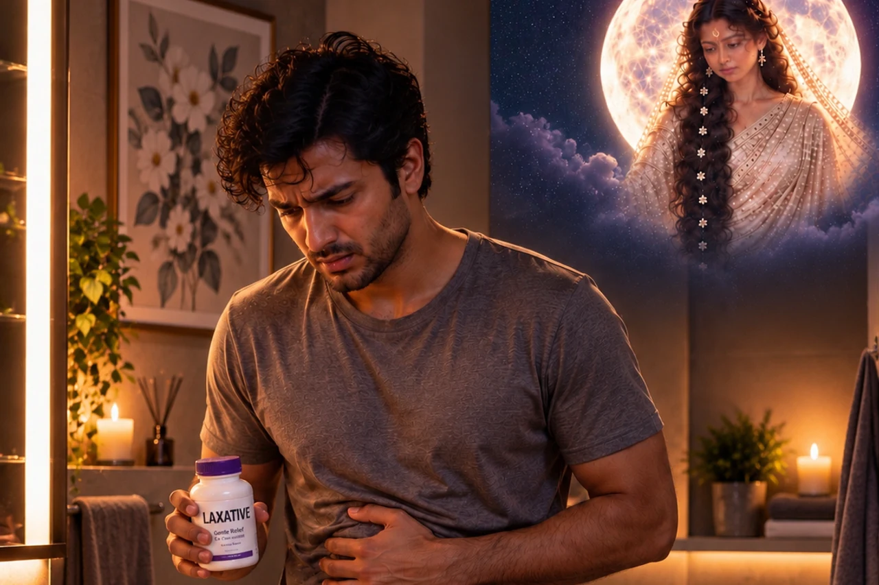 Illustrative adult holding their abdomen in a kitchen, with a symbolic Moon portrait in the background.