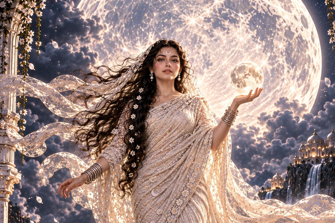 Symbolic Moon figure in flowing ivory clothing holding a luminous sphere above a moonlit landscape.