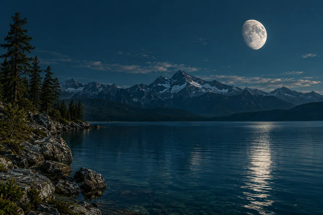 A textured Moon above a quiet lake and its reflection.