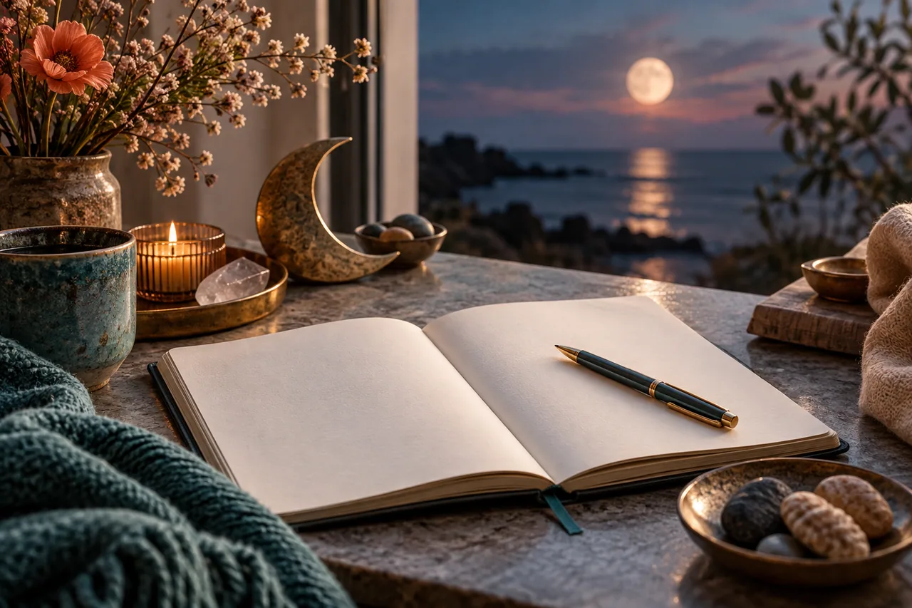 Original editorial illustration for A Moon journal without manifestation promises; symbolic artwork, not a measured personal chart.