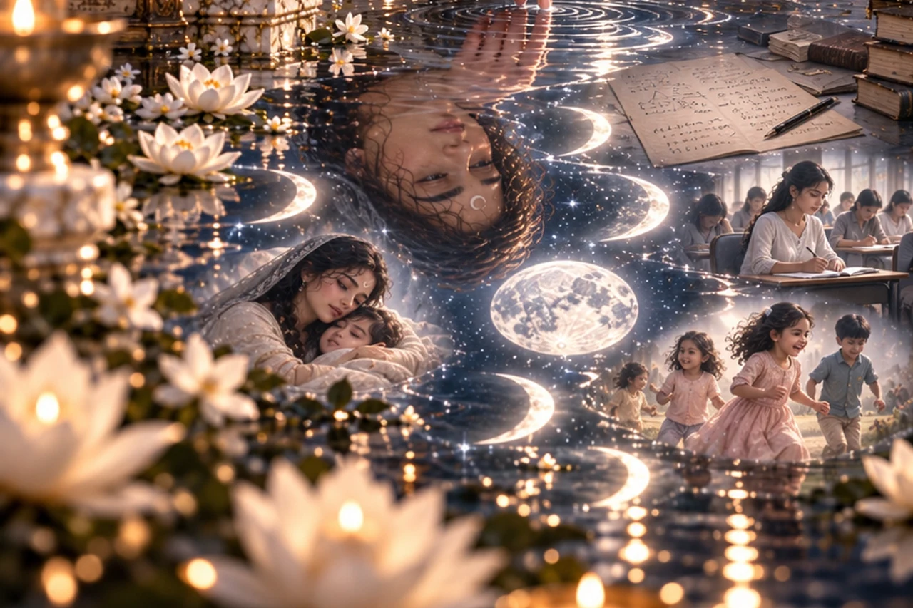 Symbolic Moon figure looking at reflected scenes of people in a pool of water.