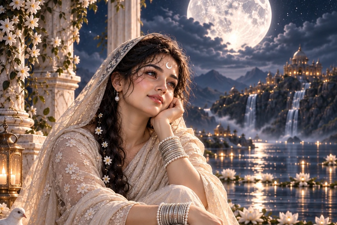 Serene symbolic Moon figure seated among white flowers and warm lanterns beneath a bright lunar sky.