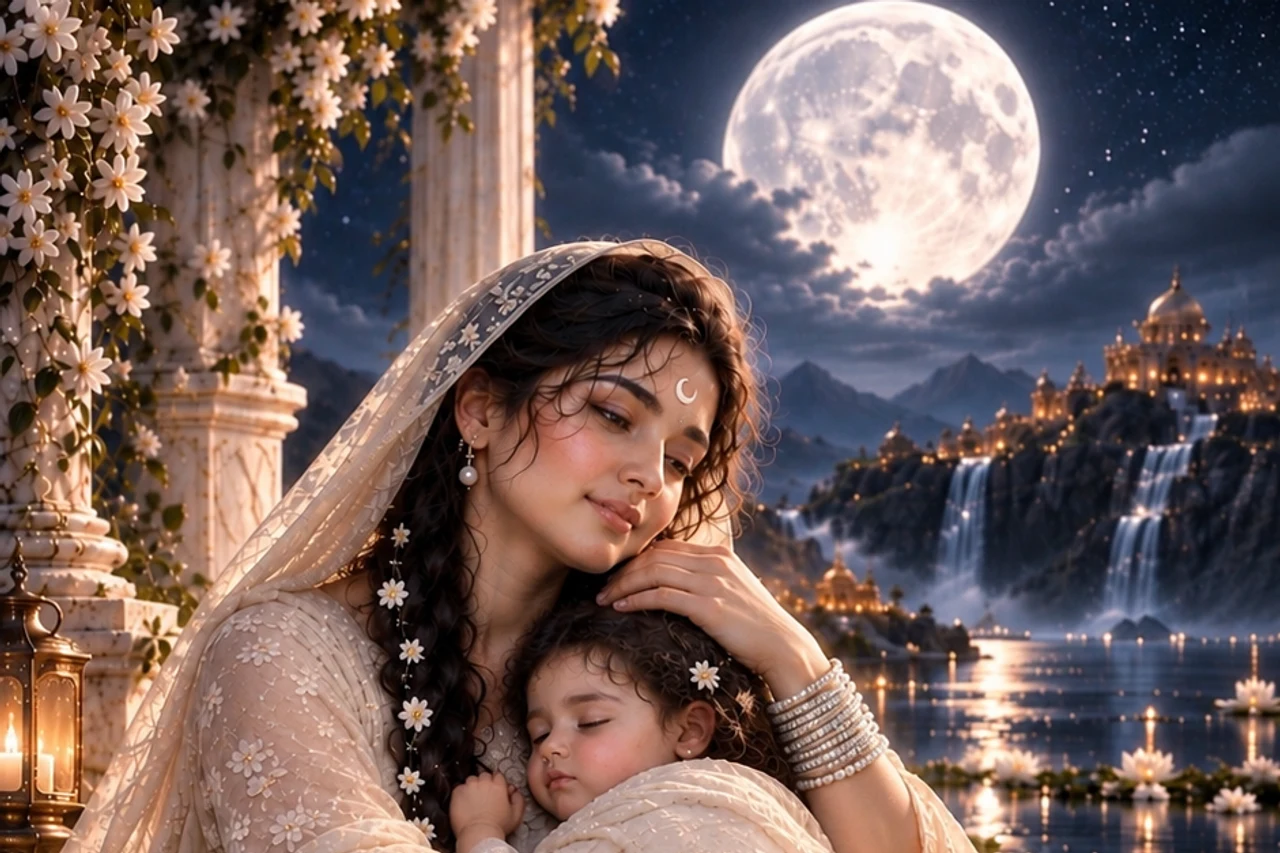 Symbolic nurturing Moon figure holding a child beside white flowers and a resting dog.