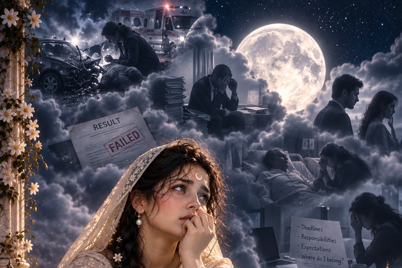 Symbolic Moon figure surrounded by imagined scenes in dark clouds above a moonlit pool.