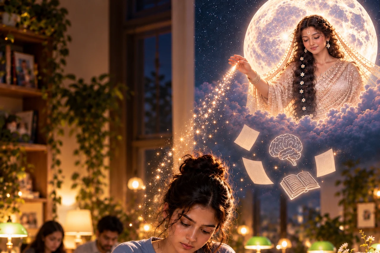 Illustrative adult writing at a desk with papers and a luminous symbolic Moon portrait behind them.