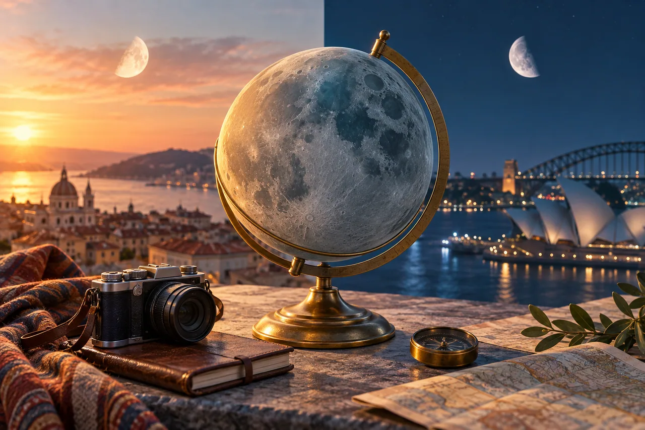 Original editorial illustration for Why does the Moon look differently tilted abroad?; symbolic artwork, not a measured personal chart.