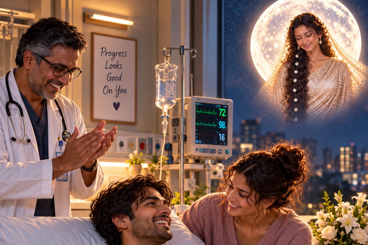 Illustrative recovery scene with a healthcare professional and loved one, with a symbolic Moon portrait in the background.