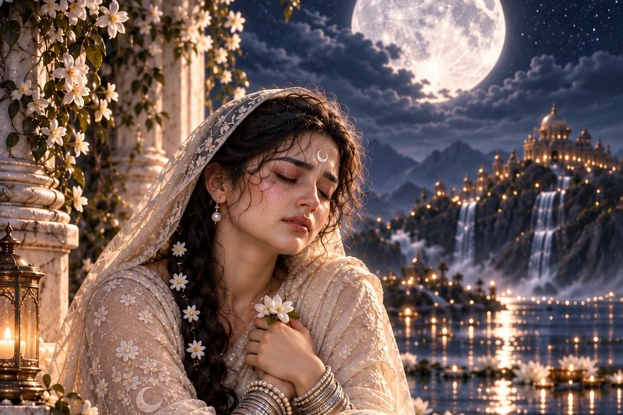 Reflective Moon figure holding a small flower beside a quiet moonlit pool.