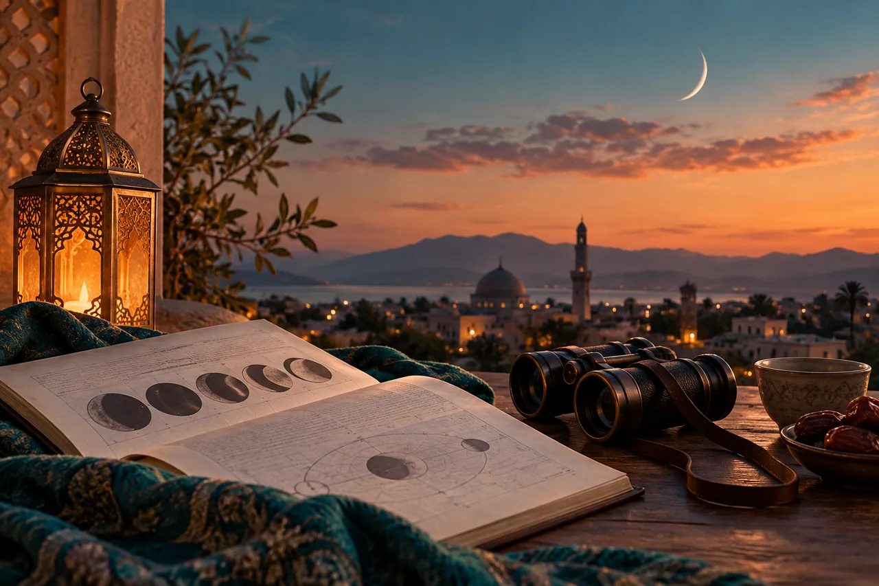 Original editorial illustration for Moon sighting and lunar phase: related, not identical; symbolic artwork, not a measured personal chart.
