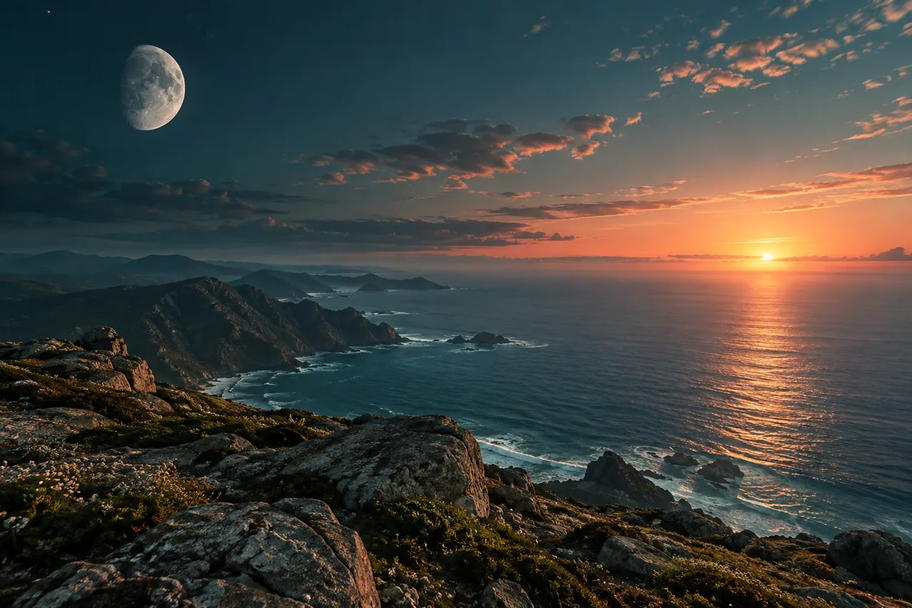 Illustrative Moon, rising Sun and horizon representing three chart reference points.