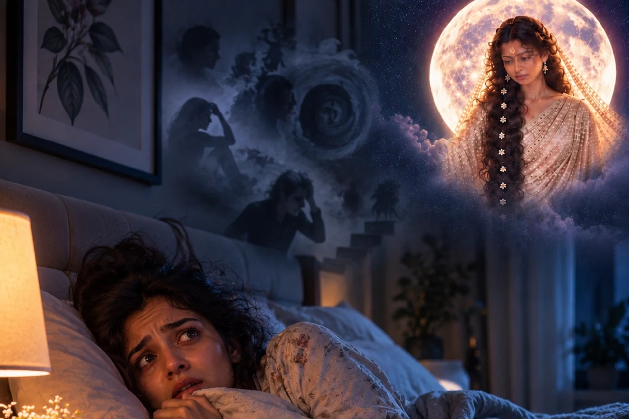 Illustrative adult awake in bed beneath imagined dream scenes and a symbolic Moon portrait.