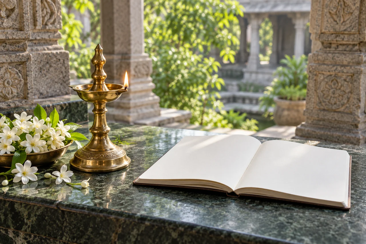 A small brass oil lamp beside an open unmarked notebook and fresh flowers in a bright green-stone courtyard.