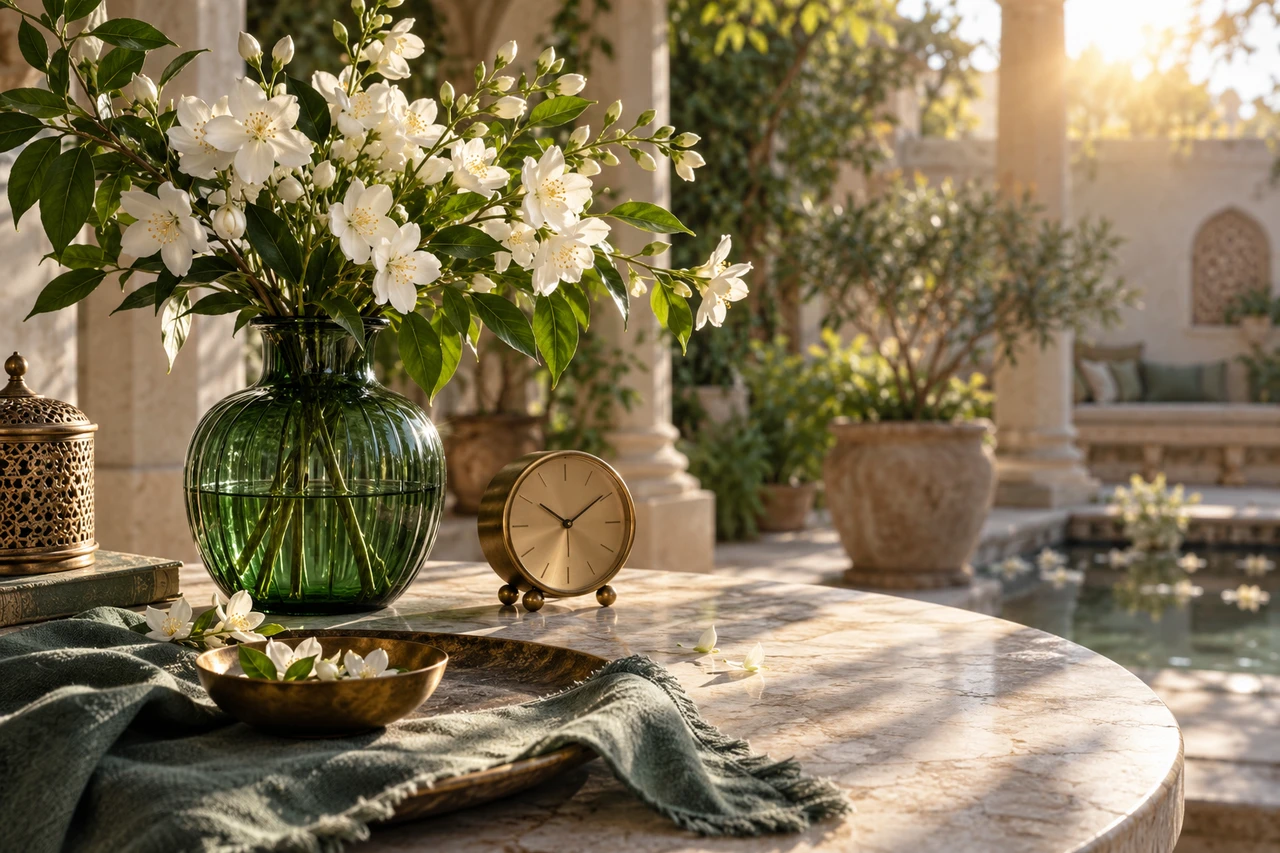 White flowers and a small brass clock in sunrise light, illustrating a thoughtful ritual rather than a forecast.