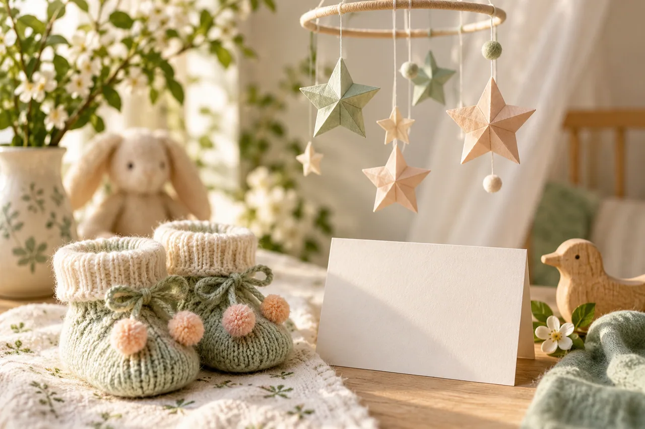 Soft baby booties and a blank name card beneath a delicate handmade paper star mobile.