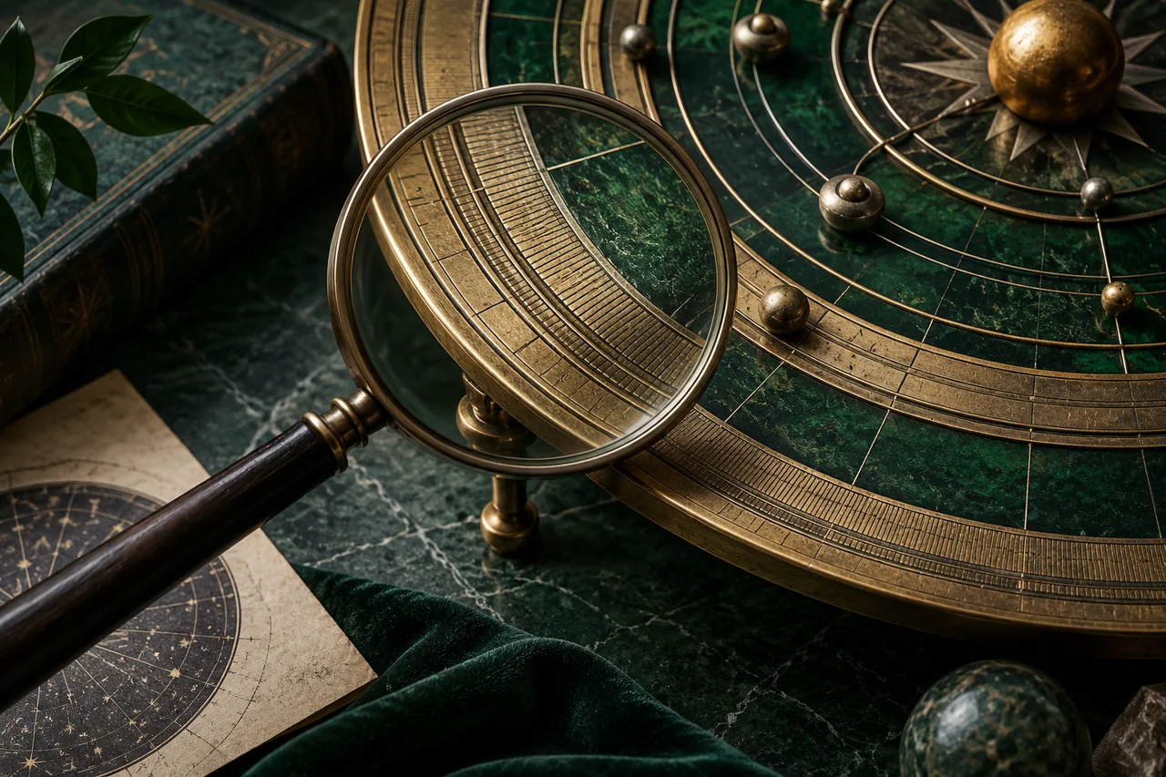 A magnifying lens focusing on one section of an astronomical instrument.