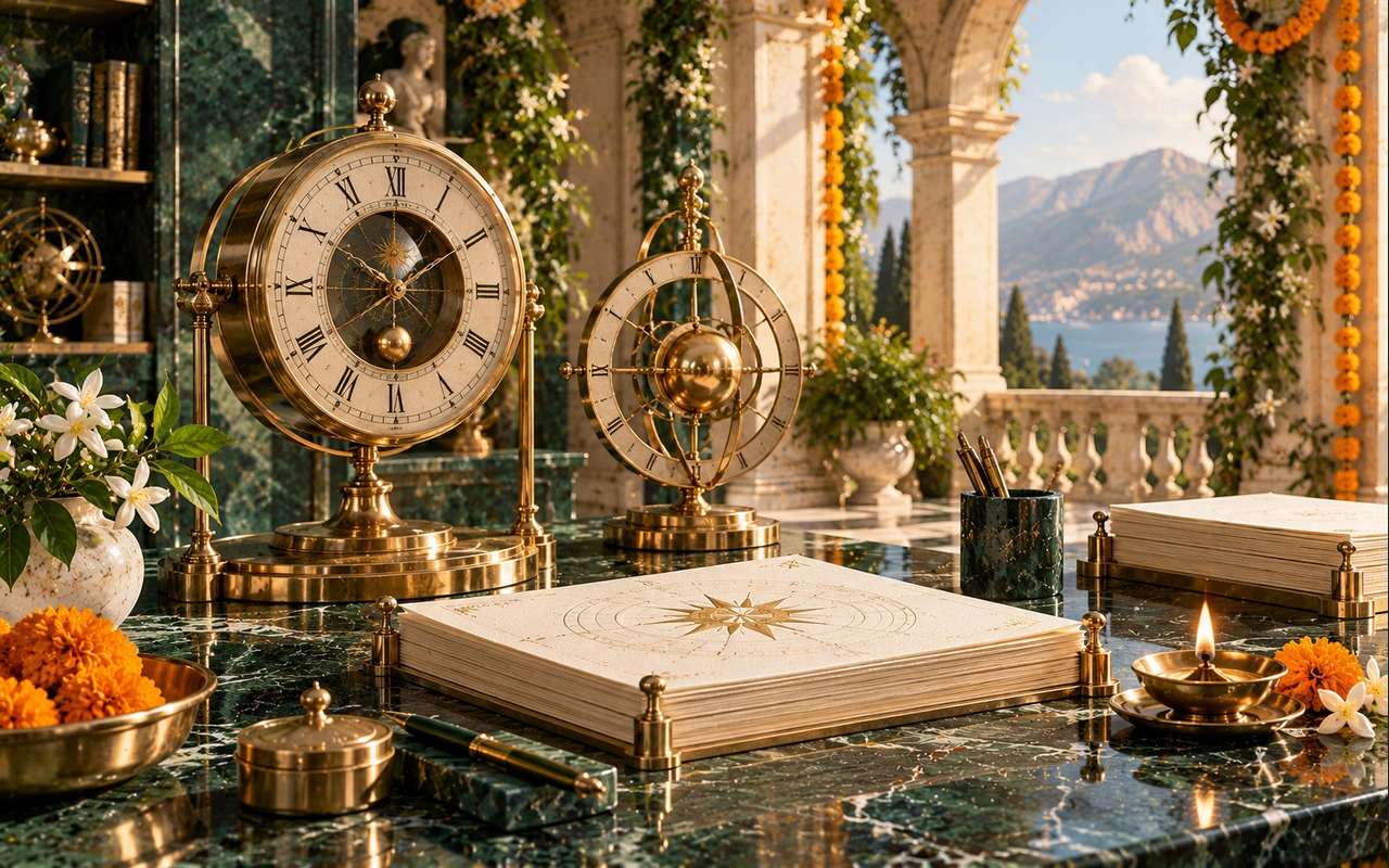 Two brass clocks and an ivory planning folio beside a lamp in an emerald courtyard; conceptual festival-calendar artwork.