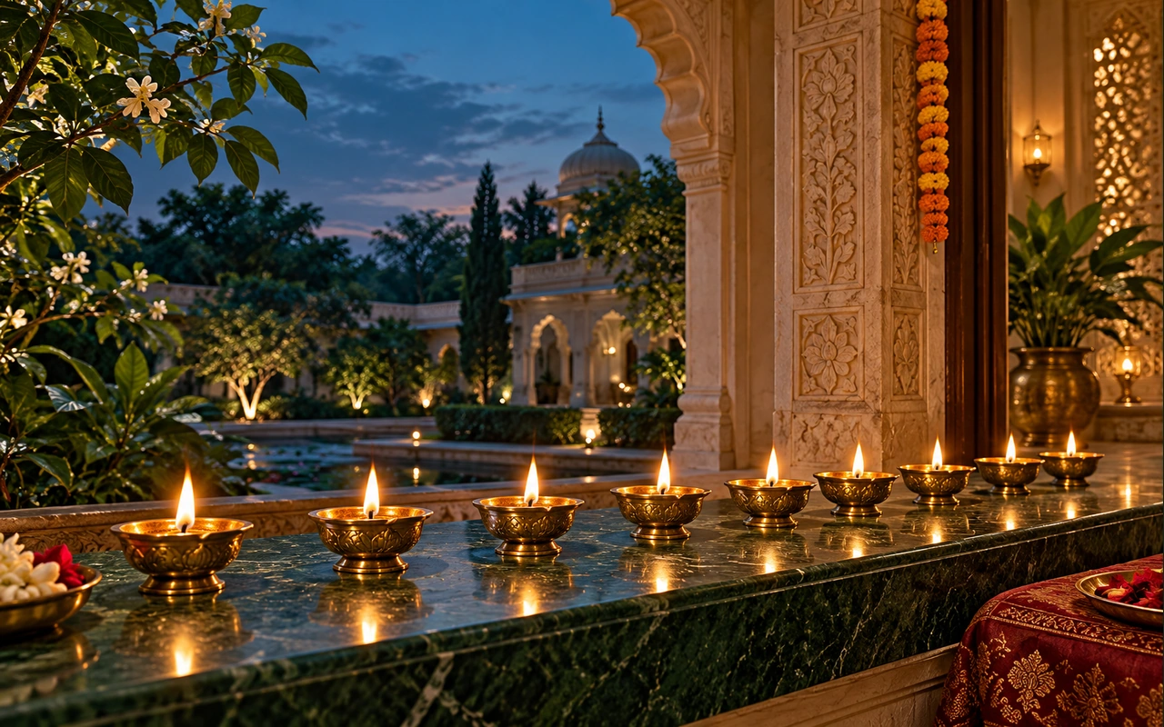 Nine illuminated brass diyas on an emerald marble ledge in a carved courtyard at dusk.