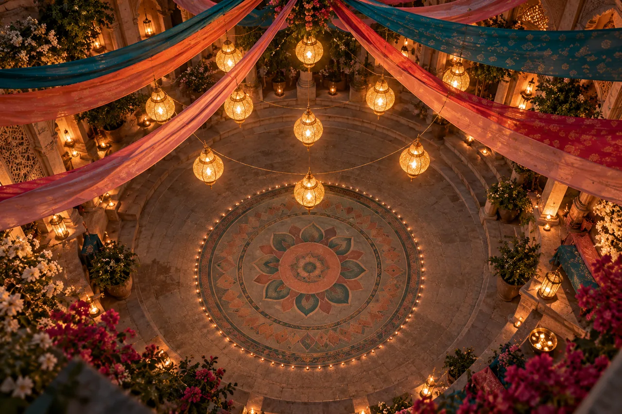 Nine small warm lights above an empty circular dance courtyard with colourful fabric ribbons.