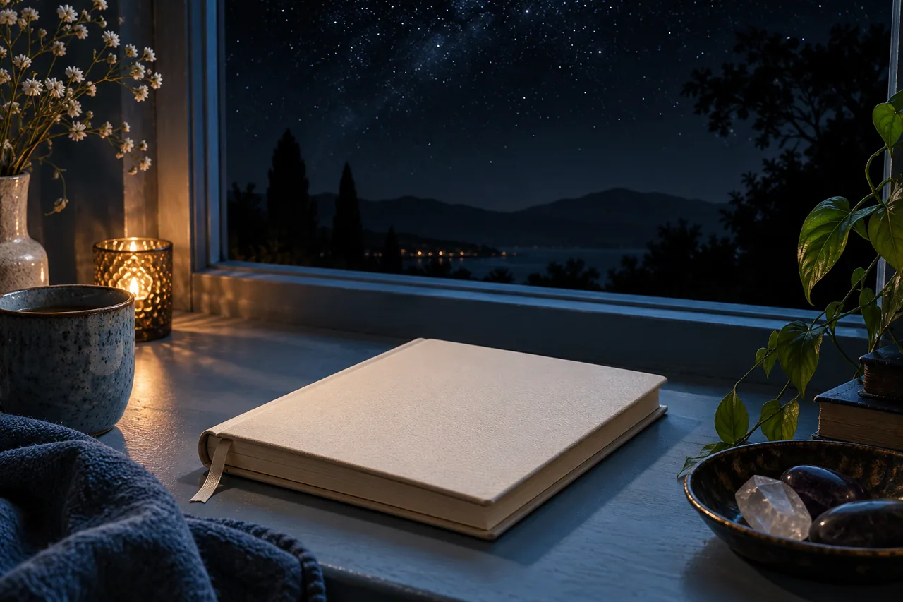 A blank cream journal on a cool blue windowsill under a dark moonless illustrated sky with a delicate star field.