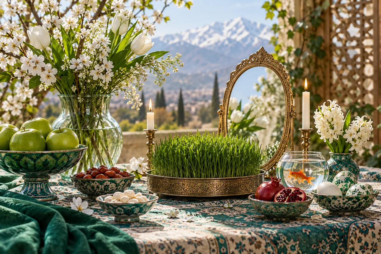 A tasteful spring table with fresh green sprouts.