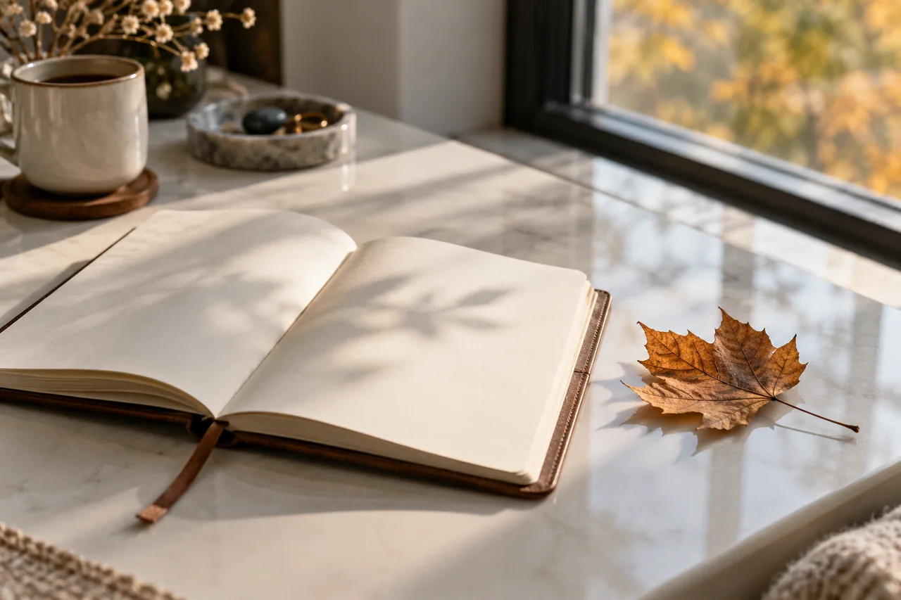 A notebook with blank pages beside a fallen leaf and a softly reflected window on a contemporary white table.
