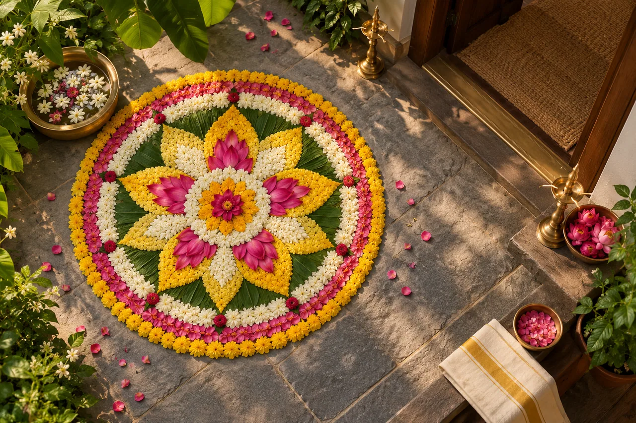 A beautifully arranged fresh floral pookalam in a Kerala courtyard next to a simple welcoming doorway.
