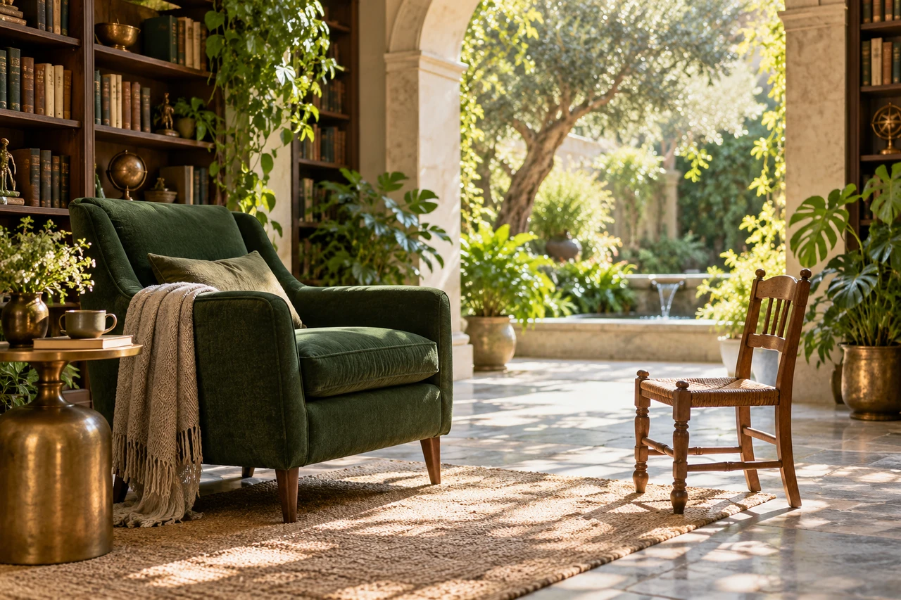 Two differently sized chairs facing each other in a garden library, suggesting a welcoming conversation.
