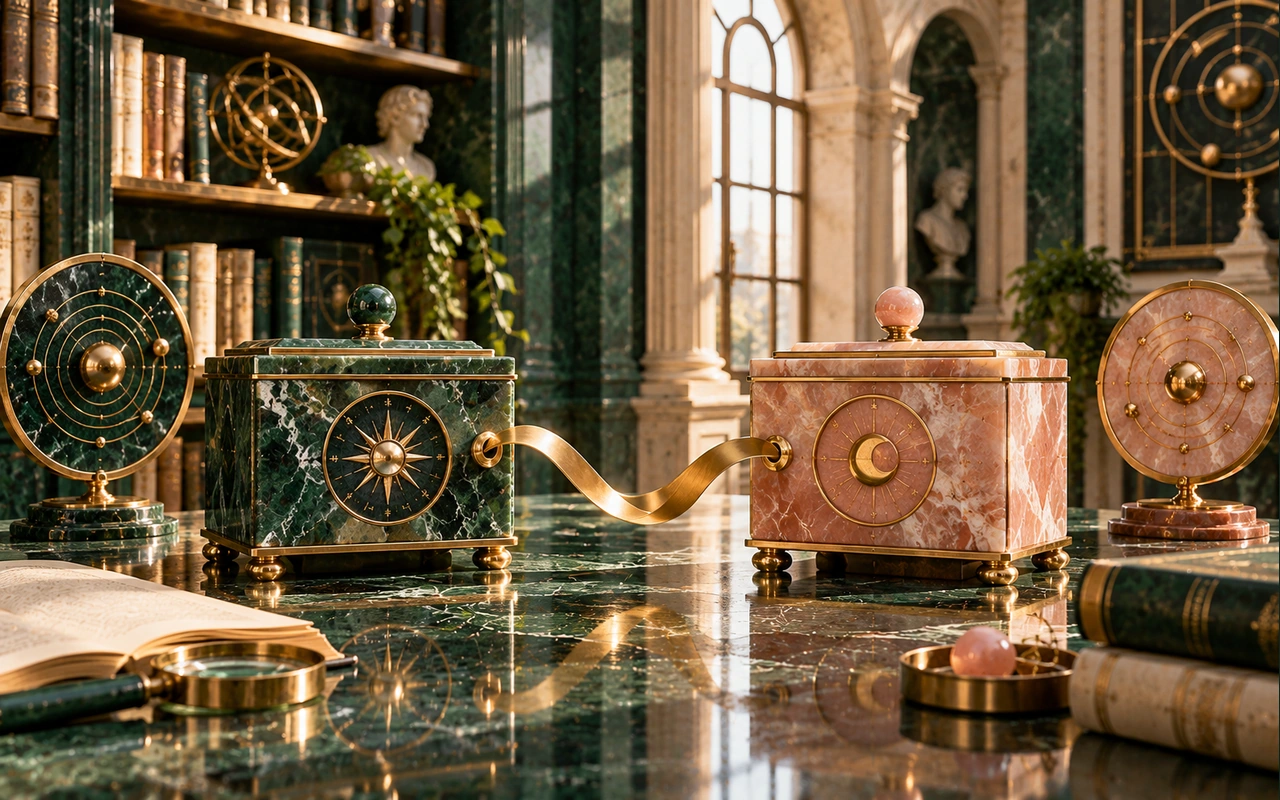 Two jade and rose-stone boxes linked by a brass ribbon in an imagined library; conceptual exchange artwork, not a computed yoga or authenticated ancient instrument.