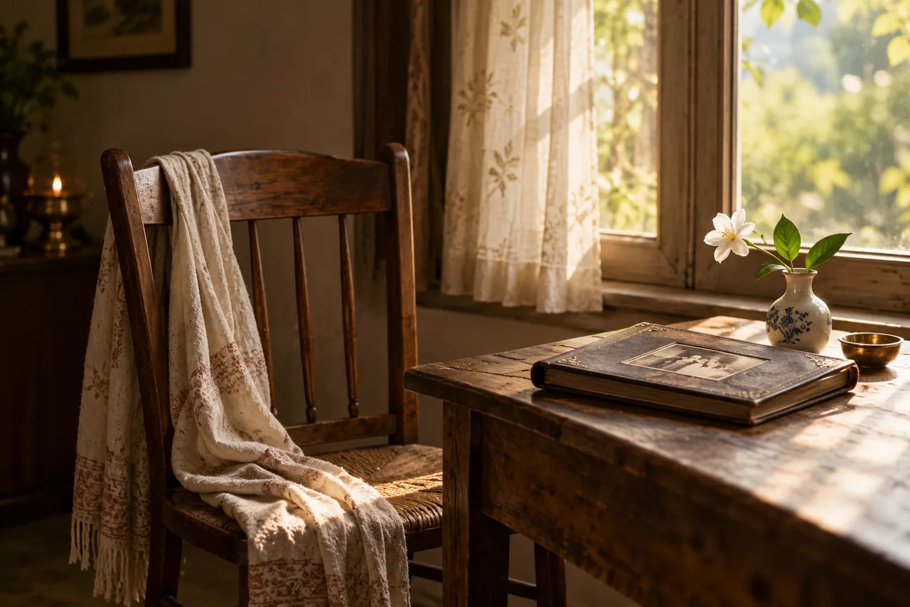 An empty wooden chair beside a gently lit window with a single flower in a small vase and a closed old photo album.