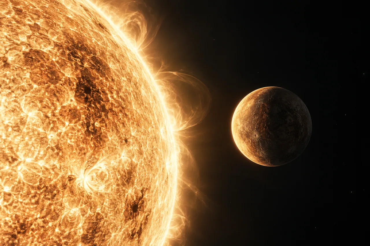 A small rocky planet appearing close to the Sun without touching it.