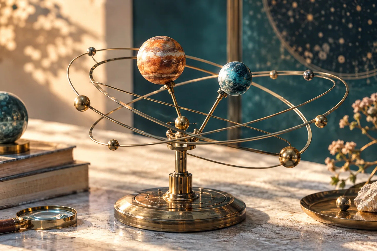Original editorial illustration for Planetary conjunction: close in the sky, not a collision; symbolic artwork, not a measured personal chart.