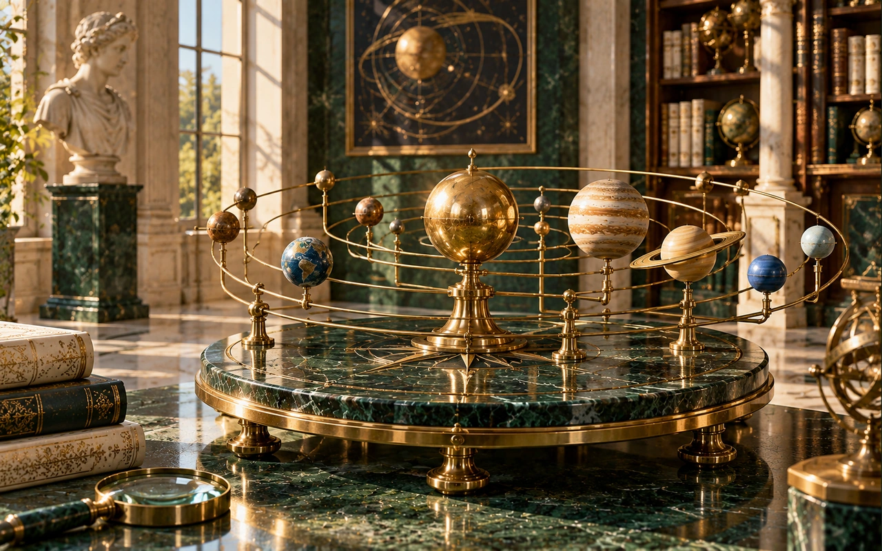 A decorative brass celestial model with linking arcs in an imagined museum library; conceptual relationship artwork, not a calculated graha-drishti diagram.