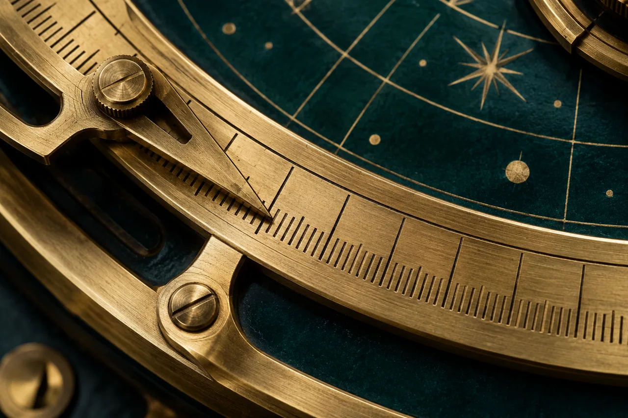 Close-up of a circular measuring scale and precise pointer.