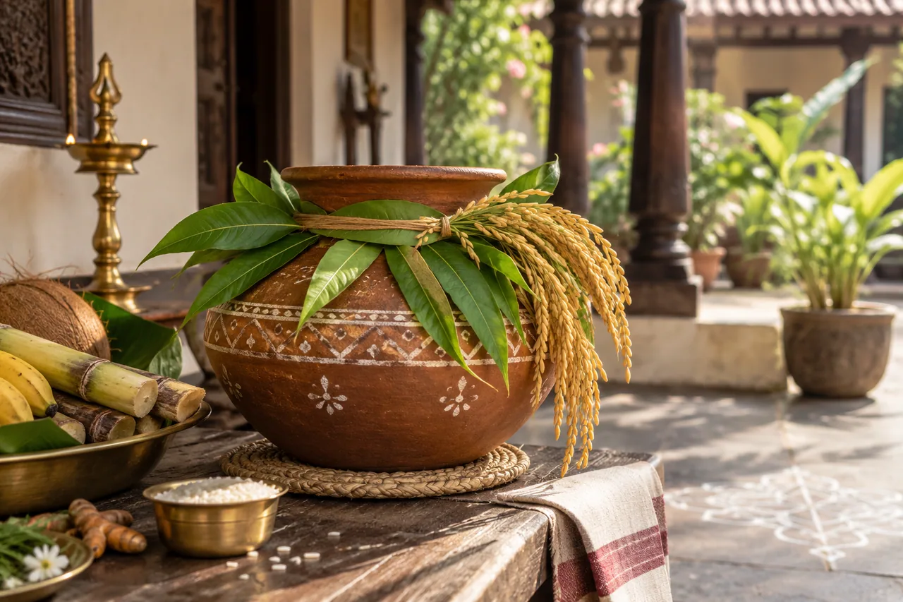 A traditional clay cooking pot with decorative turmeric leaves and harvested rice stalks on a shaded Tamil courtyard table.