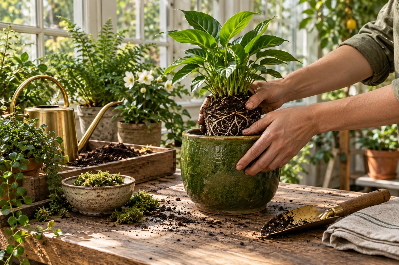 Adult hands settling a healthy young plant into a green ceramic pot on a sunlit conservatory bench.