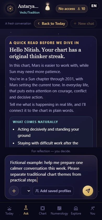 Actual Antaryami Ask composer and context navigation in a fictional adult app-source preview.